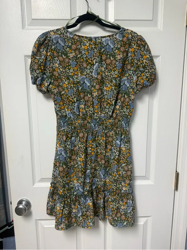 BeBop Olive Floral Short Sleeve Dress with Blue & Yellow Blooms - Image 5