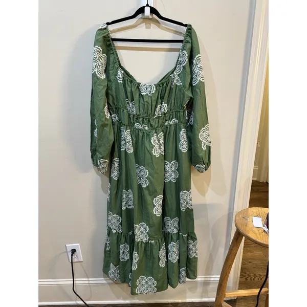 CIEBON Serbita green white Embroidered tiered peasant Dress Size Small Linen - Image 5
