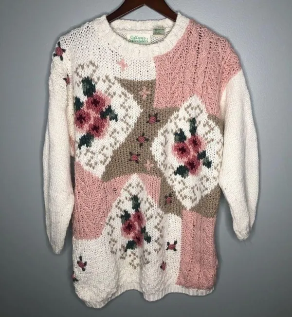 Vintage 1990’s white with pink rose floral sweater - Image 2