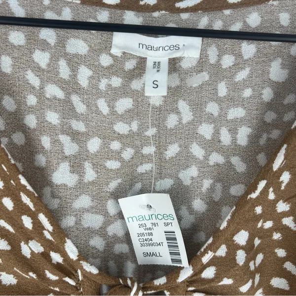 Maurices Brown & White Speckled Dot Print Flare Sleeve Tie Front V-Neck Blouse S - Image 2
