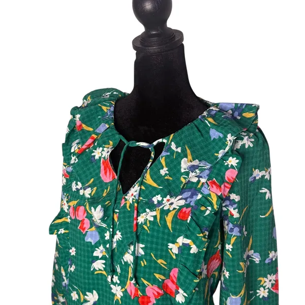 LOFT Green Floral Blouse Ruffle Tie Neck‎ Size XXSP Fairy Cottage Feminine - Image 2