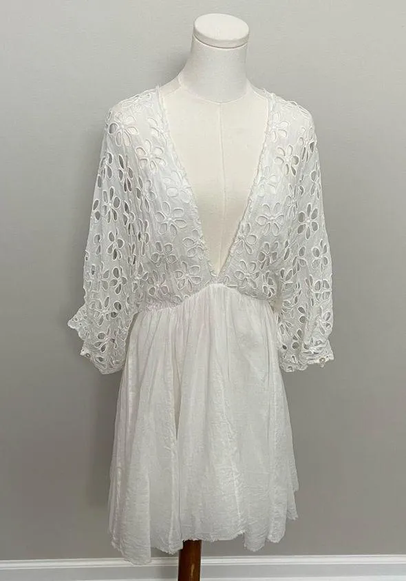 Free People One Dress Bella Note Eyelet Flower Babydoll Whimsical Boho White - Image 2