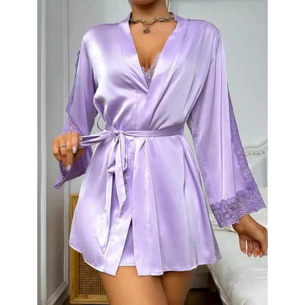 Lace details, satin sexy lounge set - M - Image 3