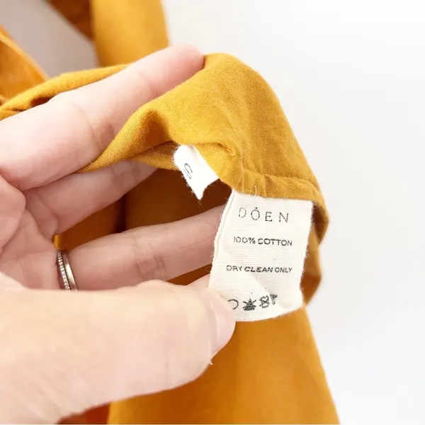 DOEN Miro Golden Hour Mustard Smocked Neck Waist Tie Boho Cottagecore Mini Dress - Image 8