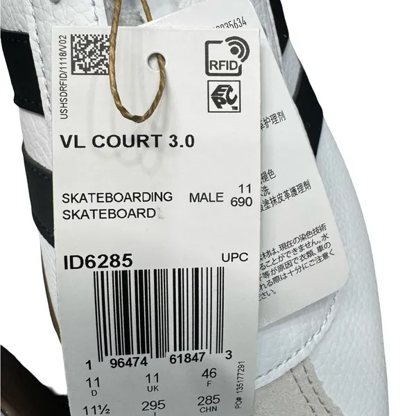 Adidas VL Court 3.0 Sneakers Men's 11.5 White Black BNIB Skate Shoes - Image 8