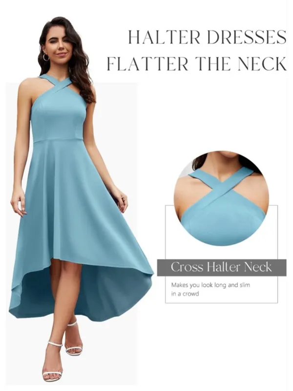 NEW Blue Cocktail Formal Wedding Guest Halter Hi Low Dress XL - Image 6