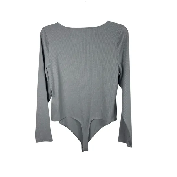 American Eagle XXL Bodysuit Gray Ribbed Long Sleeve Square Neck Henley NWT - Image 3