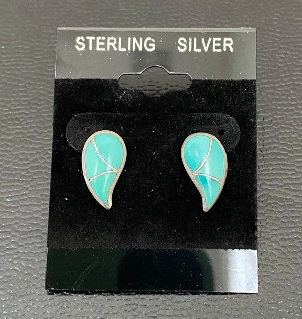 Sterling Silver Vintage STR.SII Turquoise Inlay Comma Teardrop Post Earrings - Image 3