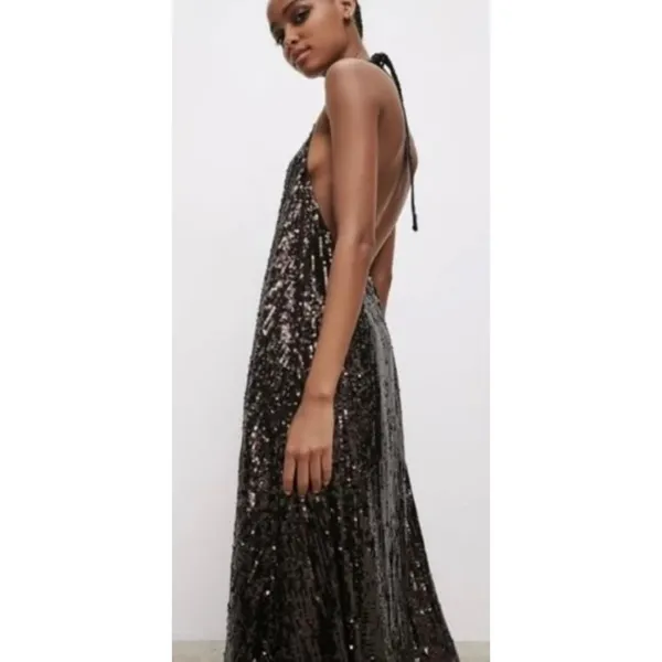 ZARA Chocolate Brown Sequin Halter Maxi Dress‎ Festive Party Sequinned Small - Image 6