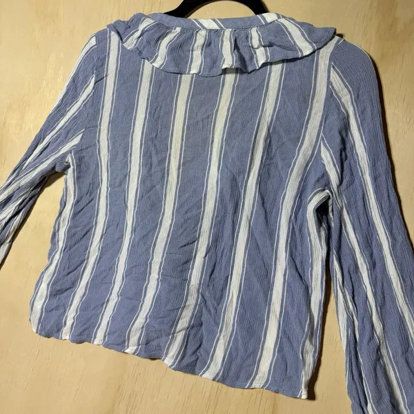 American Eagle Outfitters Women M Blue White Striped Ruffle Lace Up Blouse Boho - Image 8