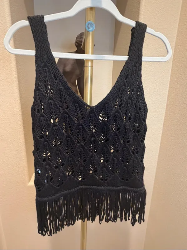 Zara NWT Black Crocheted Fringe Tank Top - Women - Image 7
