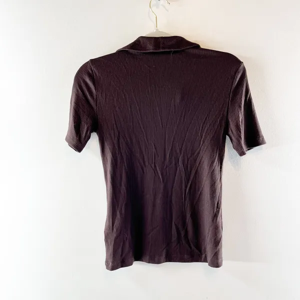 Madewell Drapey Rib Short Sleeve Polo Shirt Top Chocolate Brown XS - Image 5