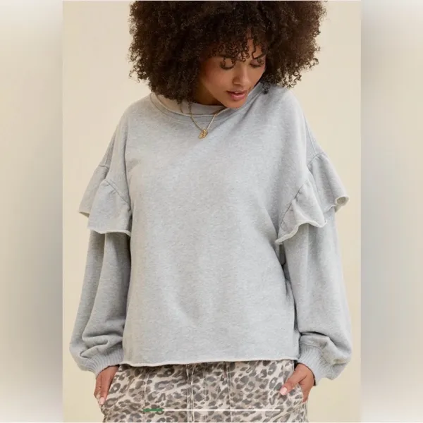 Aerie Ruffle Sleeve Sweatshirt Medium Heather Gray Size XS‎ - Image 2