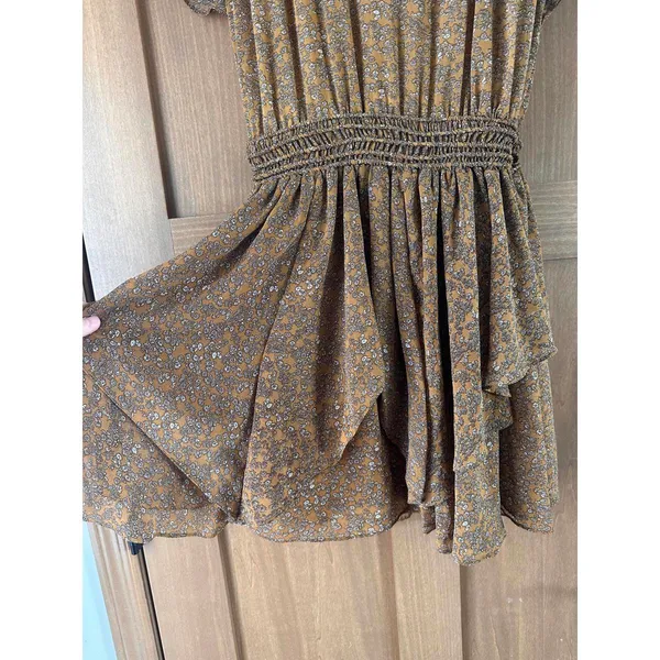 Storia Brown Floral Ruffle Mini Dress Butterfly Sleeves Women’s size Medium - Image 3