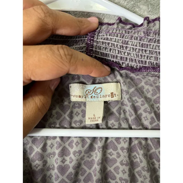 Vintage Y2K Purple Geometric Print Babydoll Top Smocked Waist Ruffle Trim Boho L - Image 5