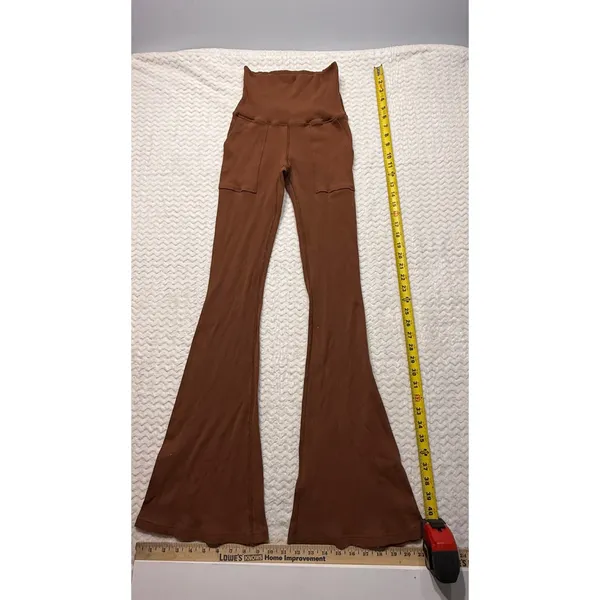 OFFLINE by Aerie Brown Ribbed Flare Leggings High Waist Pockets Small 4284 - Image 3