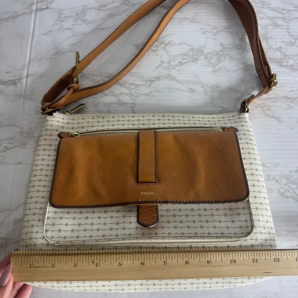 Fossil kinley Women's Crossbody Bag Key Pattern Canvas Leather Trim Cream Brown - Image 7
