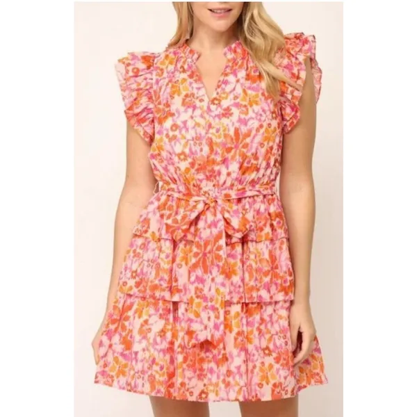 Anthropologie Fate Pink Floral Flowy Tiered Ruffle Peasant Mini Dress Small NWT - Image 3