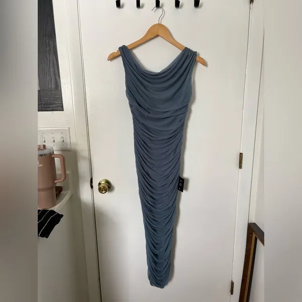 Lulus Sunama Slate Blue Mesh Ruched Bodycon Midi Dress Size Medium NWT Cocktail - Image 4