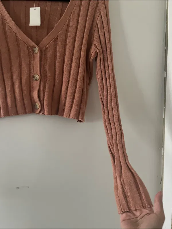 NWT Aeropostale Brown Ribbed Crop Button Up Cardigan Sweater Medium Fall Cozy - Image 4