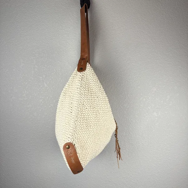 Lucky Brand Ivory Cotton‎ Crochet Leather Trim Boho Hobo Shoulder Bag Purse Tote - Image 4