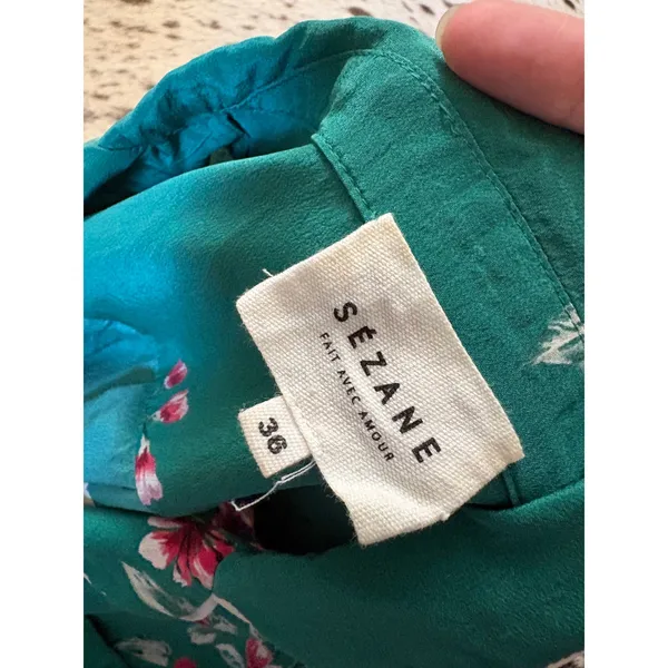 Sézane Elisa Pajama Top Silk Green Floral Button Down Size 36 Small - Image 5