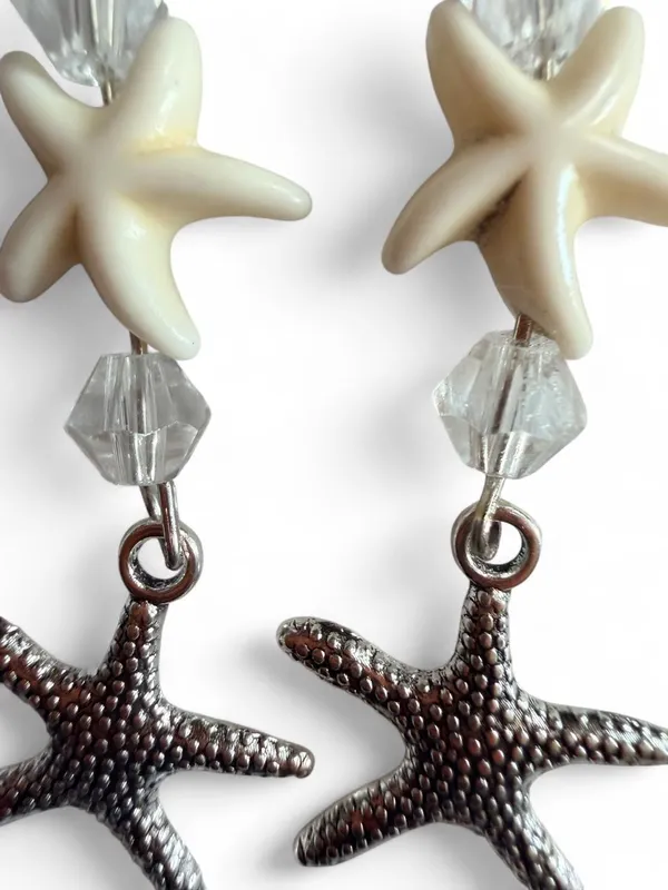 Handmade Silver & Cream Double Starfish Dangle Earrings 🌟🏝️ - Image 3