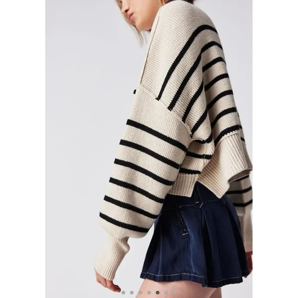 Free People Easy Street Striped Crop Sweater Cream‎ Black Knit Womens Small - Image 3