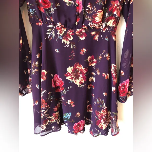 Lulus Always Yours Plum Purple Floral Print Long Sleeve Skater Dress Size L - Image 5