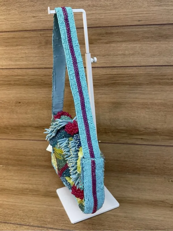 Handcrafted in India Beaded Coastal Coral Reef Shoulder Handbag Purse Teal Aqua - Image 8