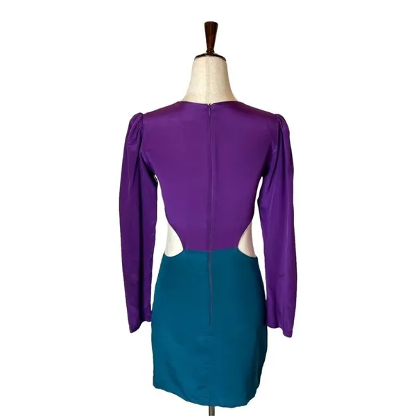 Naven Dress Women Small Purple Turquoise Silk Long Sleeve Cut Out Mini Revolve - Image 4
