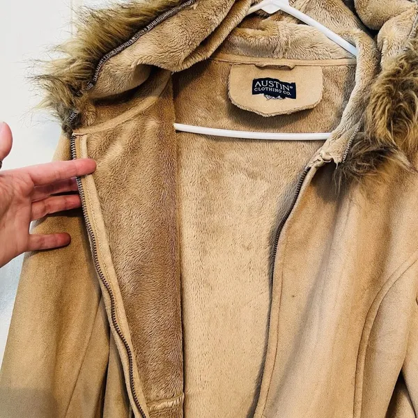 Austin Clothing Co. Tan Suede Jacket Winter Coat Small Faux Fur Lined Hooded - Image 5