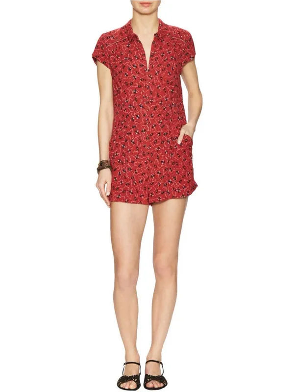 Free People Debby Dot Romper Red Floral Short Sleeve Button Front - Size M EUC - Image 2