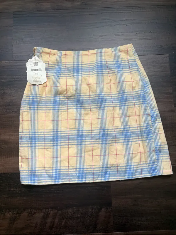 NWT Altar'd State Pastel Blue and yellow Plaid Wrap Mini Skirt - Image 2