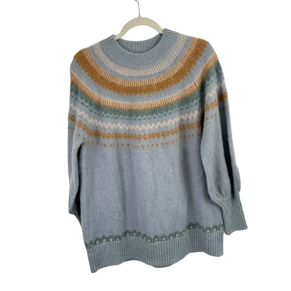 J Crew Fair Isle Yoke Puff Sleeve‎ Sweater Blue Alpaca Wool Womens Medium - Image 3