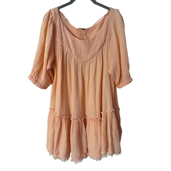 Free People Mystery Land Tunic Orange Cotton Gauze Tiered Boho Mini Dress Small‎ - Image 3