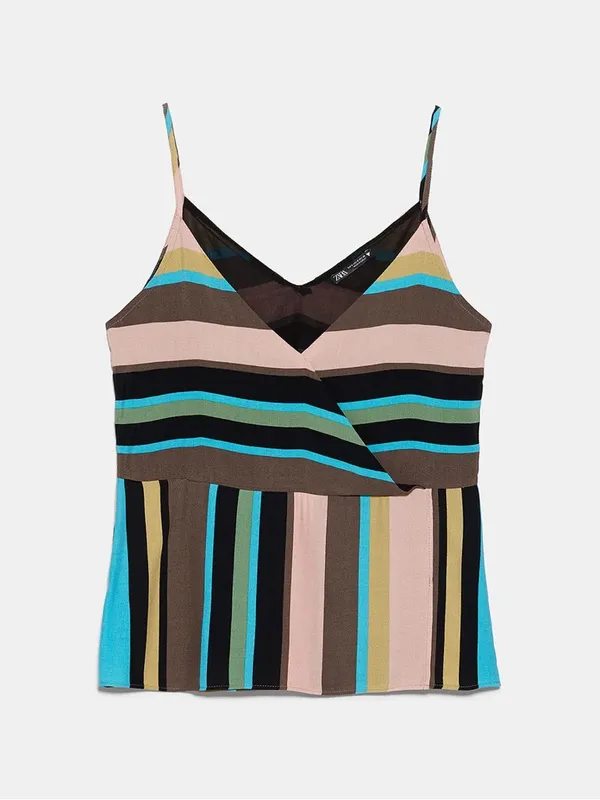 ZARA Women’s Multicolor Striped Asymmetrical Spaghetti Strap Tank Top, Size Med - Image 3