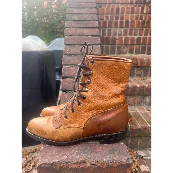 Vintage Justin Boots Brown Leather Kiltie Lace Up Roper Granny Boots 7 - Image 5