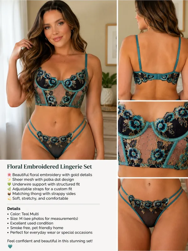 Floral Embroidered Lingerie Set – Teal & Black | Size M - Image 2