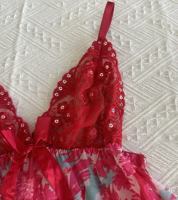 Women’s Pink & Red Mesh Lace & Sequins Babydoll Lingerie Top Sz S Small - Image 7
