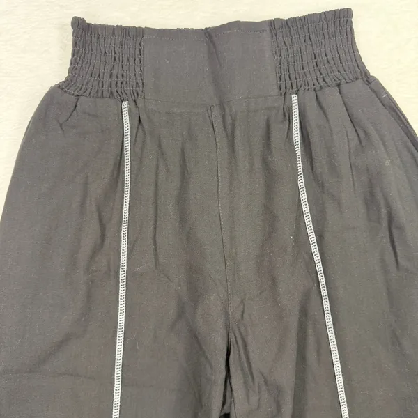 TARSE Medium Wide Leg Palazzo Pants Black Linen Blend Contrast Stitch Boho Viral - Image 4