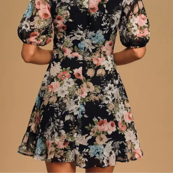 Lulus Spring My Bell Black Floral Print Ruffled Puff Sleeve Mini Dress - Image 2