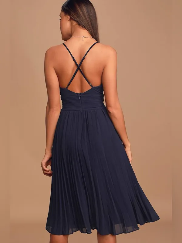 Lulu’s Love Me To The Moon Navy Blue Pleated Midi Dress - Image 4