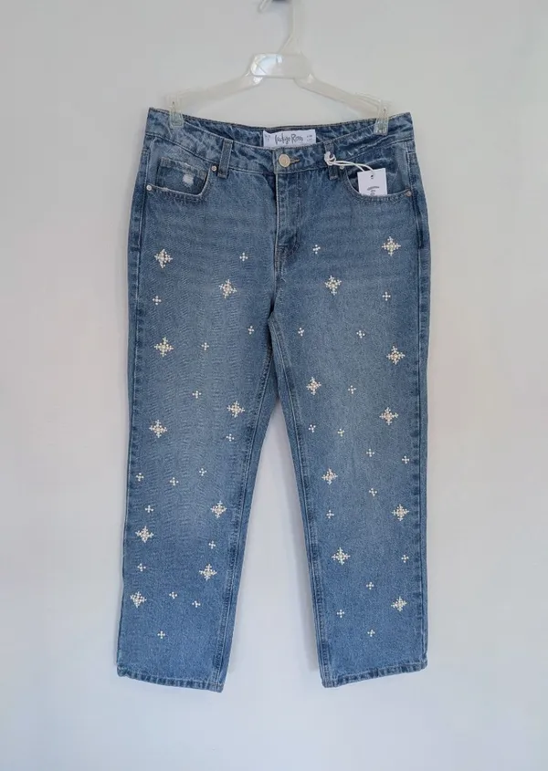 NWT Pearl Beaded Star Embellished Straight Leg Denim Jeans Sz 9 Medium Wash - Image 3