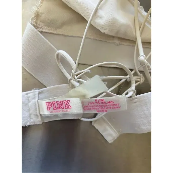 PINK Victoria's Secret Halter Lace Bralette Ivory Strappy Size M - Image 2