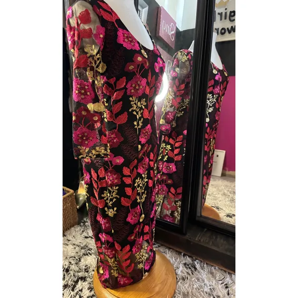 Floral Embroidered Mesh Sheath Dress Black‎ Pink Gold 3/4 Sleeve Cocktail Midi - Image 5