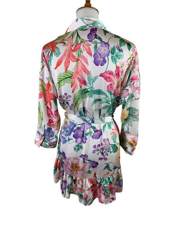 Zara S Floral Belted Shirt Dress Ruffle Hem Long Sleeve Cottagecore Boho Womens - Image 3
