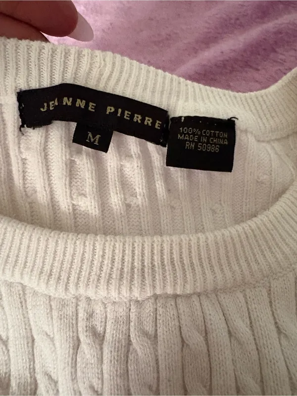 JEANNE PIERRE Cream and White Striped Cable Knit Sweater - Image 2