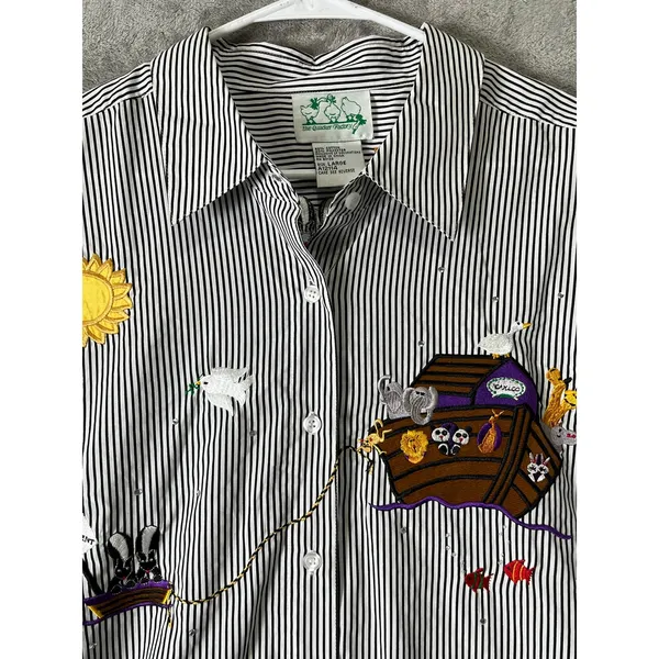 Vintage Noah’s Ark Embroidered Striped Button Down Shirt Whimsical Large - Image 2
