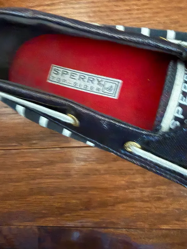 Sperry Black & White Striped Canvas Boat Shoes with Red Insole - Image 2